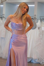 Load image into Gallery viewer, Strapless Sheer Corset Bodice Slit Prom Dress
