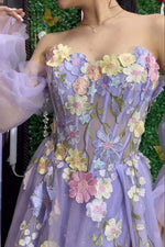 Load image into Gallery viewer, Lavender Strapless Prom Dress with 3D Flowers
