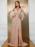 Load image into Gallery viewer, Shawl Sequin Slit Formal Dress
