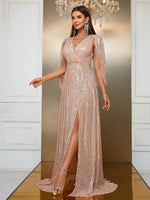 Load image into Gallery viewer, Shawl Sequin Slit Formal Dress
