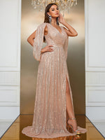 Load image into Gallery viewer, Shawl Sequin Slit Formal Dress
