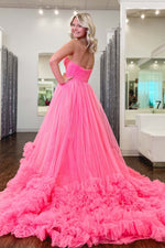 Load image into Gallery viewer, Strapless Tulle Pink Prom Dress with Ruffle Hem
