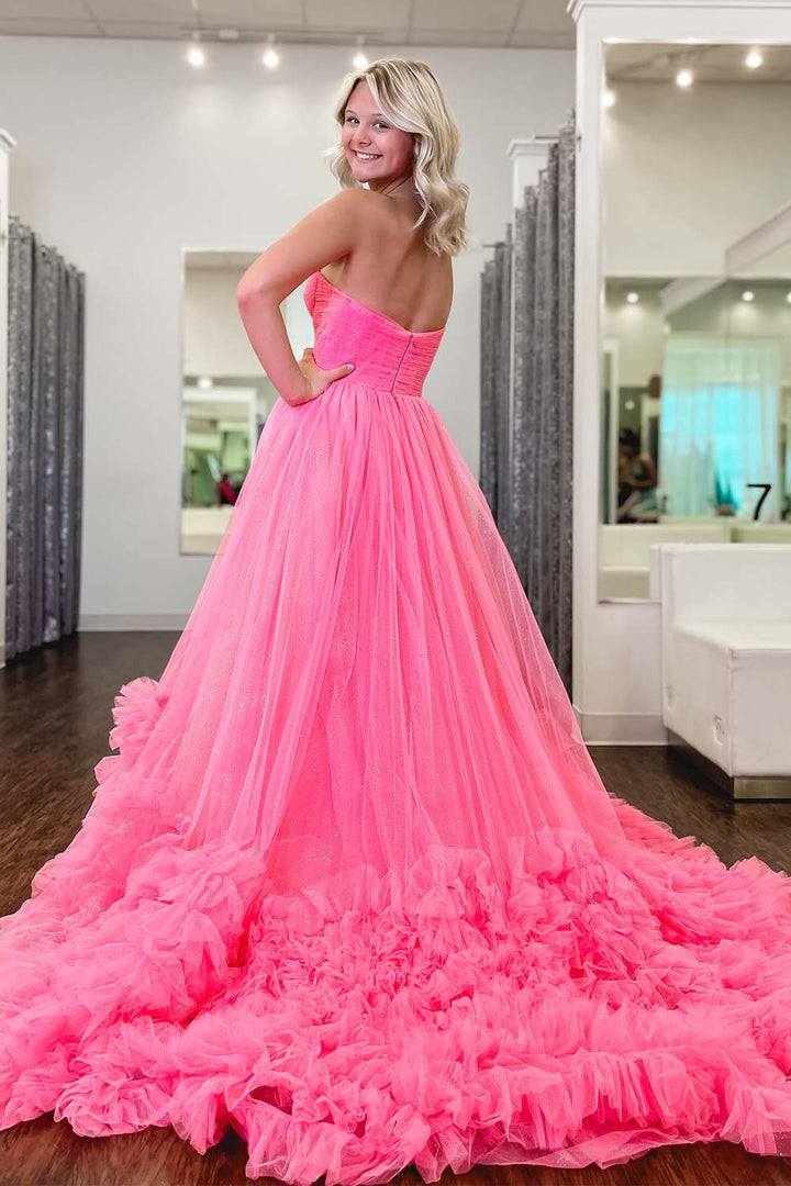 Strapless Tulle Pink Prom Dress with Ruffle Hem