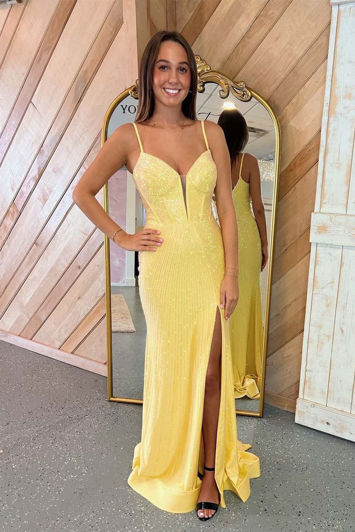 Fitted Beaded Corset Bodice Prom Dress with Slit