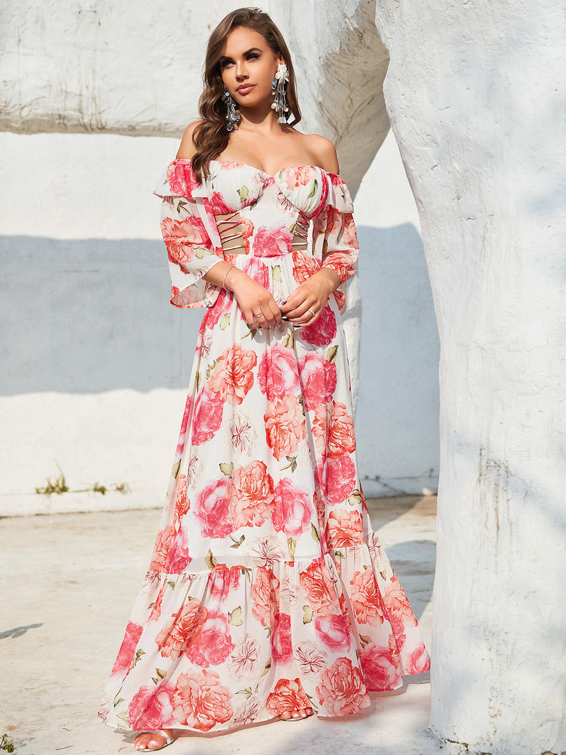 Printed Prom Dress with Sleeves