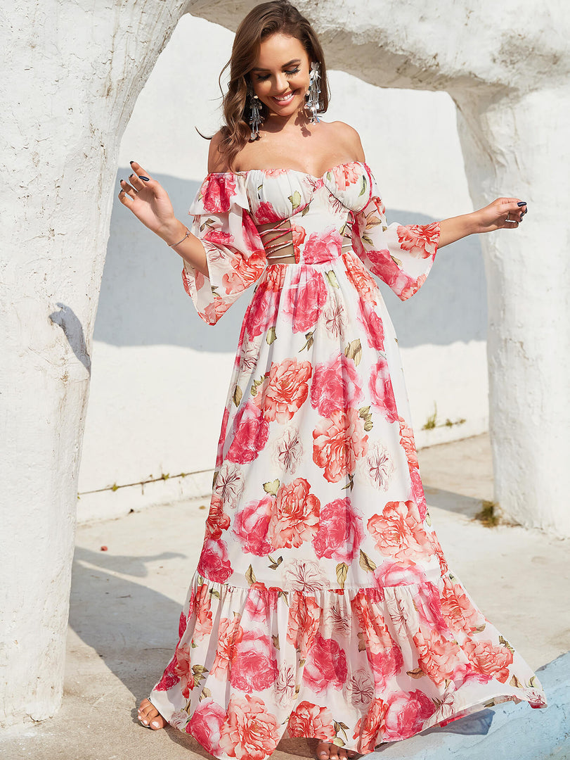 Printed Prom Dress with Sleeves