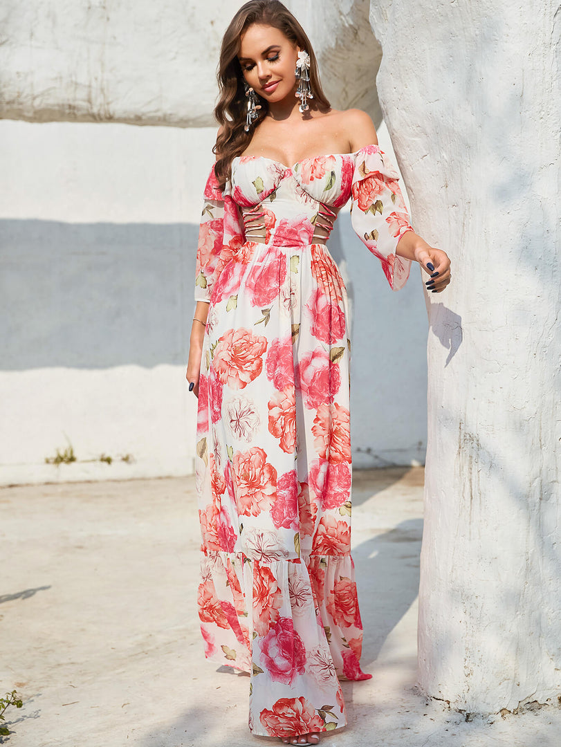 Printed Prom Dress with Sleeves