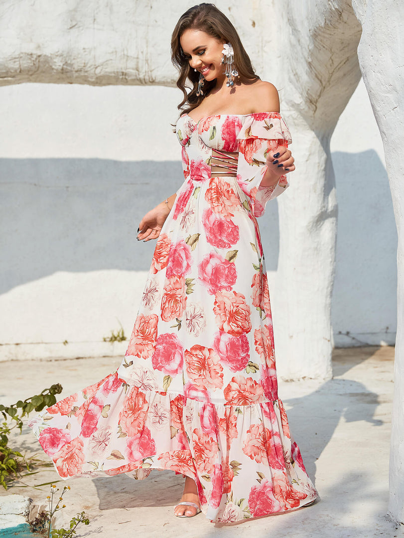 Printed Prom Dress with Sleeves