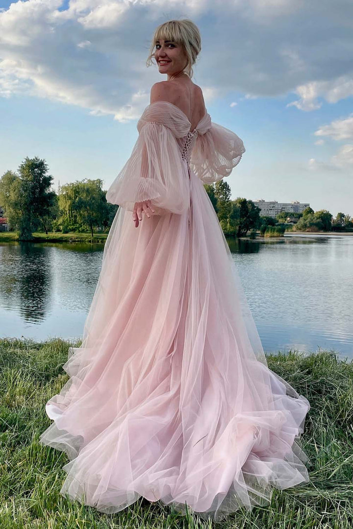 Long Sleeves Light Pink Tulle Prom Gown