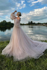 Load image into Gallery viewer, Long Sleeves Light Pink Tulle Prom Gown
