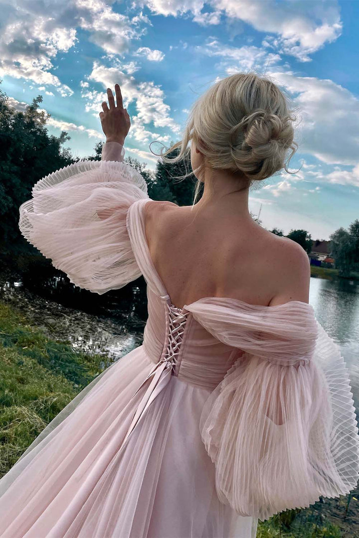 Long Sleeves Light Pink Tulle Prom Gown