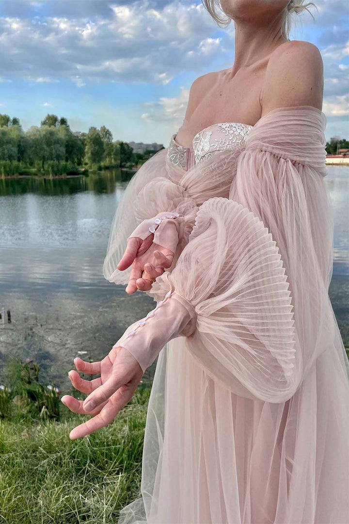 Long Sleeves Light Pink Tulle Prom Gown