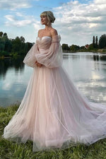 Load image into Gallery viewer, Long Sleeves Light Pink Tulle Prom Gown
