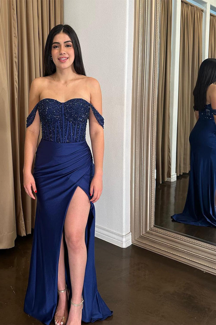 Off the Shoulder Navy Corset Prom Dress