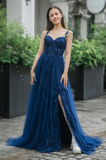 Load image into Gallery viewer, A-line Tulle Appliques Prom Dress with Split
