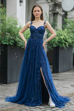 Load image into Gallery viewer, A-line Tulle Appliques Prom Dress with Split
