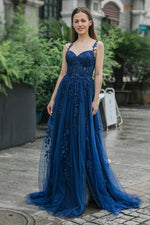 Load image into Gallery viewer, A-line Tulle Appliques Prom Dress with Split
