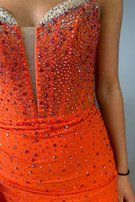 Load image into Gallery viewer, Orange Strapless Beaded Homecoming Dress with Flowing Sash
