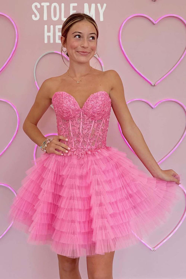 Tulle Tiered Strapless Homecoming Dress with Lace