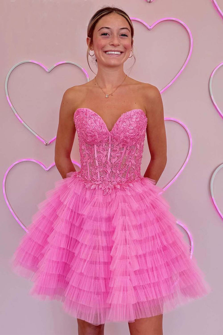 Tulle Tiered Strapless Homecoming Dress with Lace