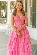 Load image into Gallery viewer, Strapless Lace Bodice Slit Prom Dress with Ruffle Skirt
