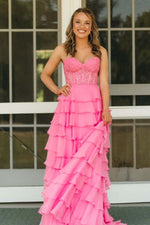 Load image into Gallery viewer, Strapless Lace Bodice Slit Prom Dress with Ruffle Skirt
