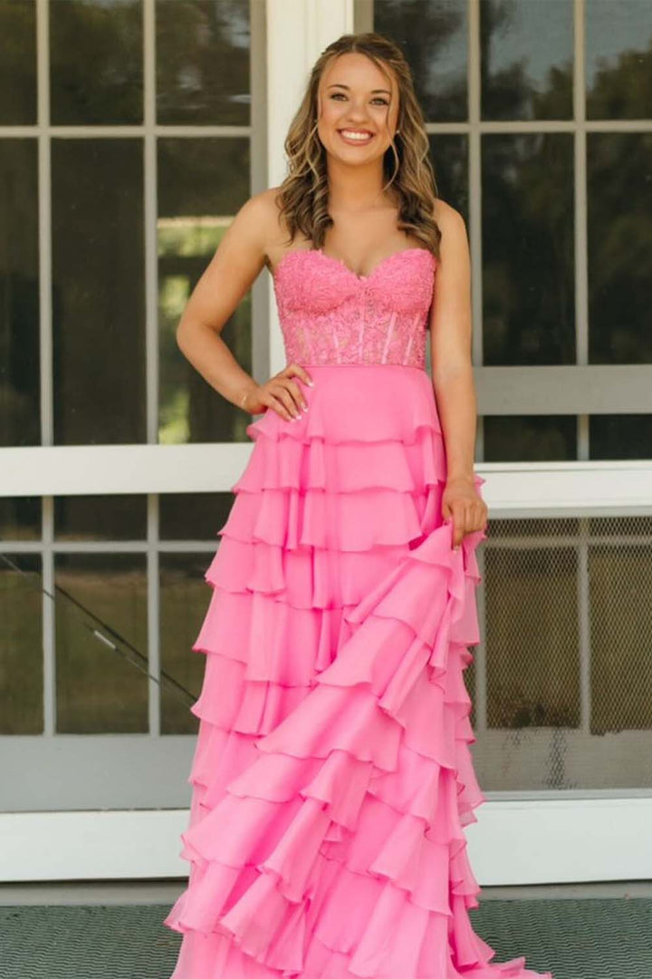 Strapless Lace Bodice Slit Prom Dress with Ruffle Skirt