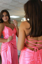 Load image into Gallery viewer, Slit Ruffle Pink Prom Dress with Bow
