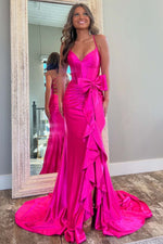 Load image into Gallery viewer, Slit Ruffle Hot Pink Fitted Prom Dress with Bow
