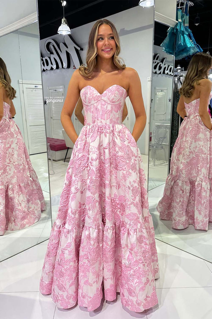 Pink Floral Strapless Prom Dress