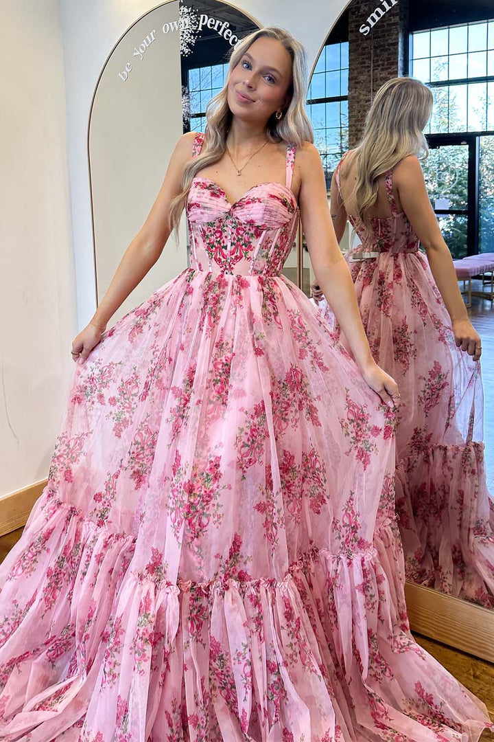 Pink Floral Corset Prom Gown