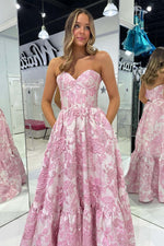 Load image into Gallery viewer, Pink Floral Strapless Prom Dress
