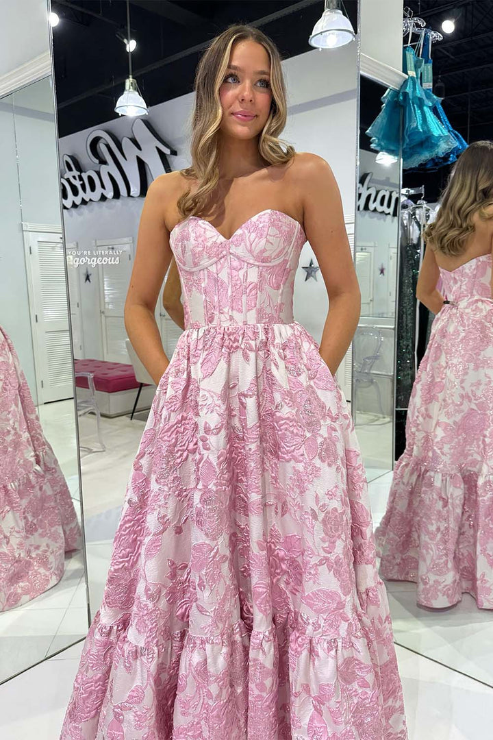 Pink Floral Strapless Prom Dress