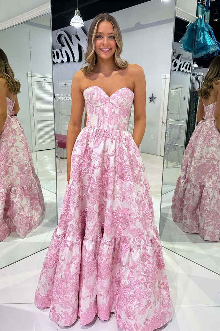 Pink Floral Strapless Prom Dress