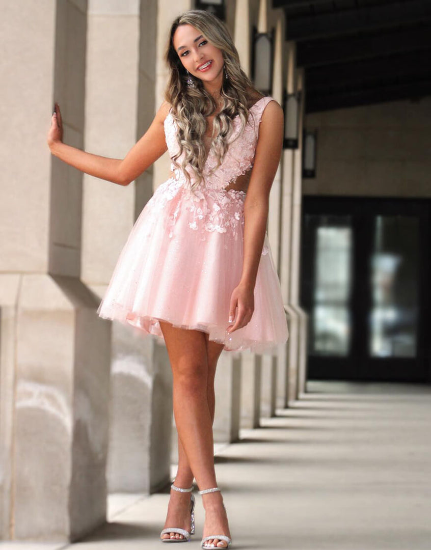 A-Line Tulle Applique Light Pink Homecoming Dress