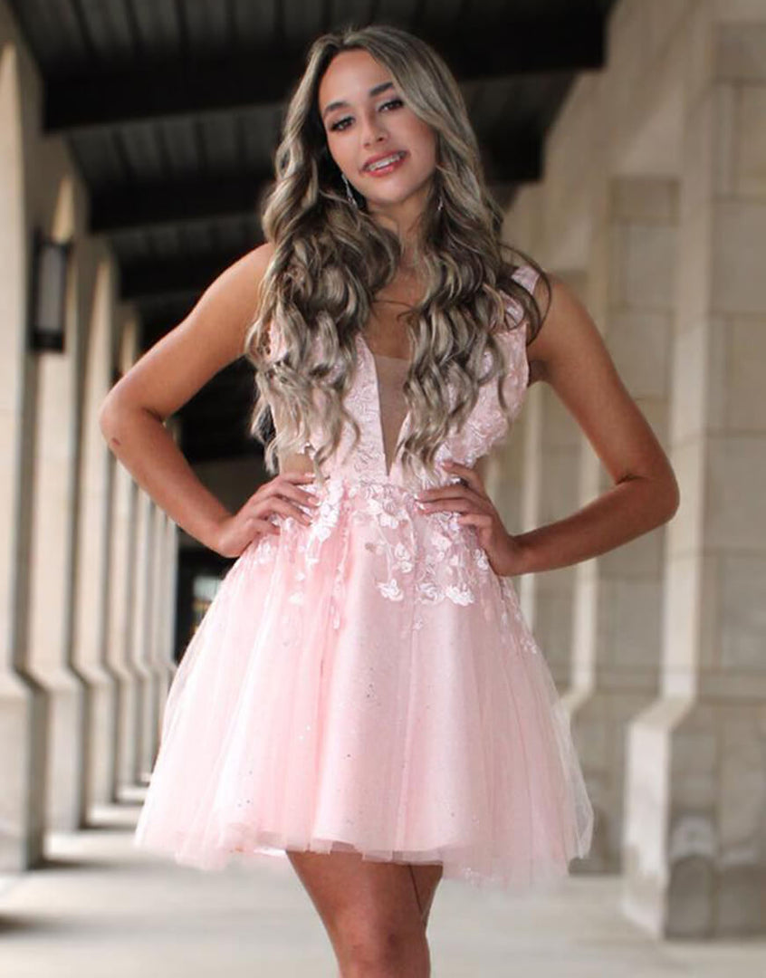 A-Line Tulle Applique Light Pink Homecoming Dress