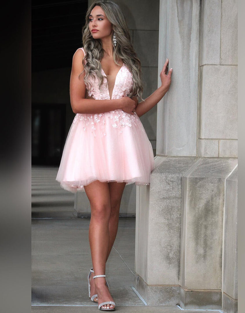 A-Line Tulle Applique Light Pink Homecoming Dress