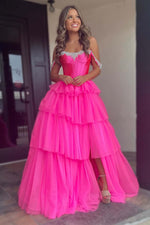 Load image into Gallery viewer, Cute Tiered Corset Bodice Prom Dress with Slit
