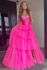 Load image into Gallery viewer, Cute Tiered Corset Bodice Prom Dress with Slit
