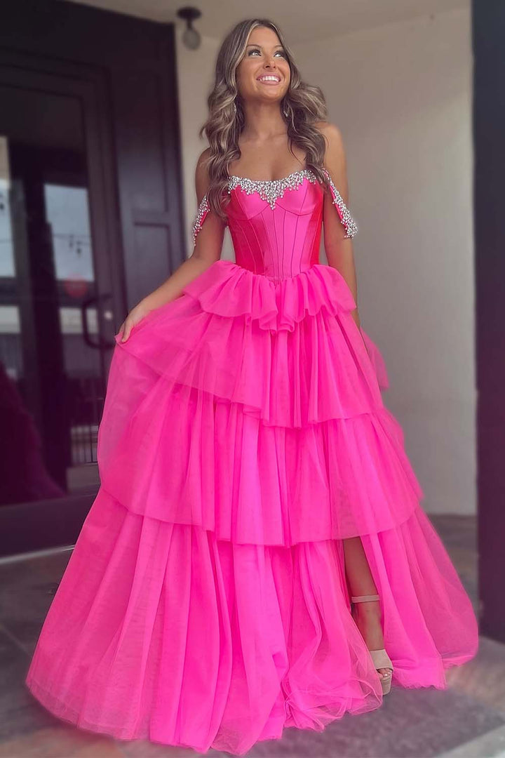 Cute Tiered Corset Bodice Prom Dress with Slit