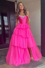 Load image into Gallery viewer, Cute Tiered Corset Bodice Prom Dress with Slit
