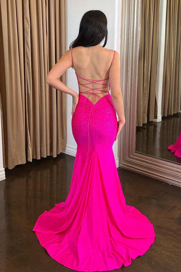 Beaded Open Back Pink Prom Dress