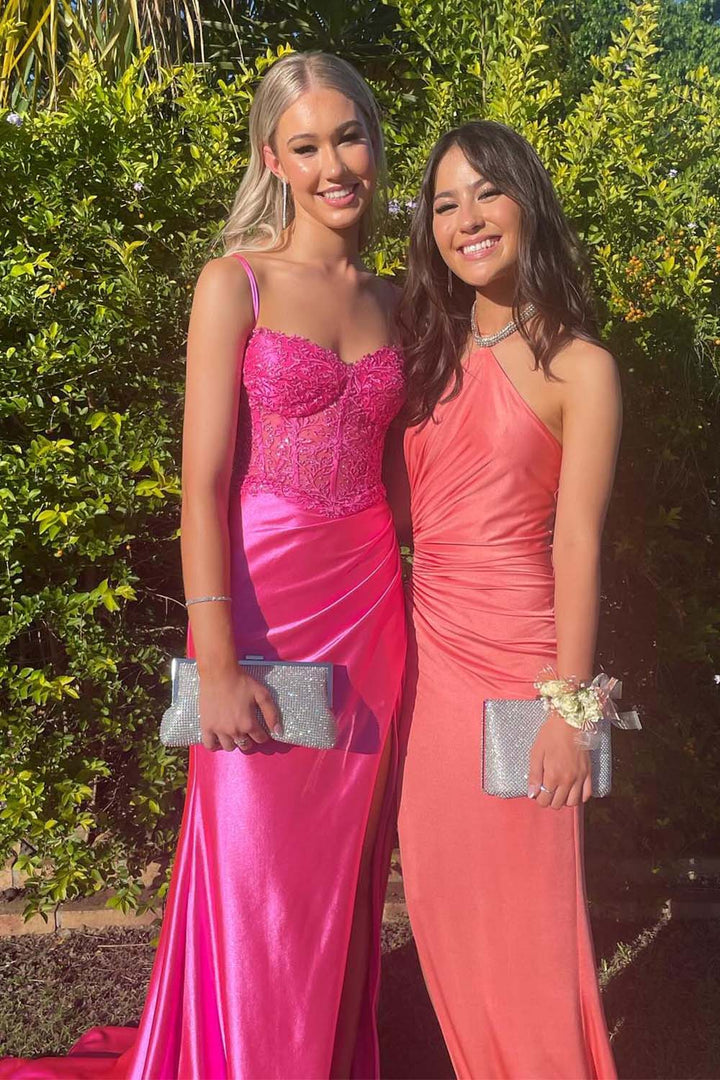 Hot Pink Ruched Sheer Corset Bodice Prom Dress