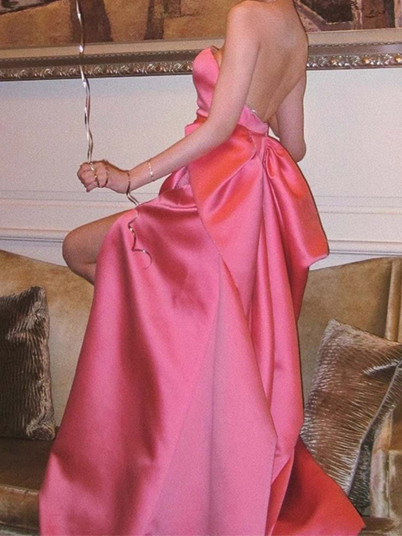 Strapless Pink Slit Prom Dress