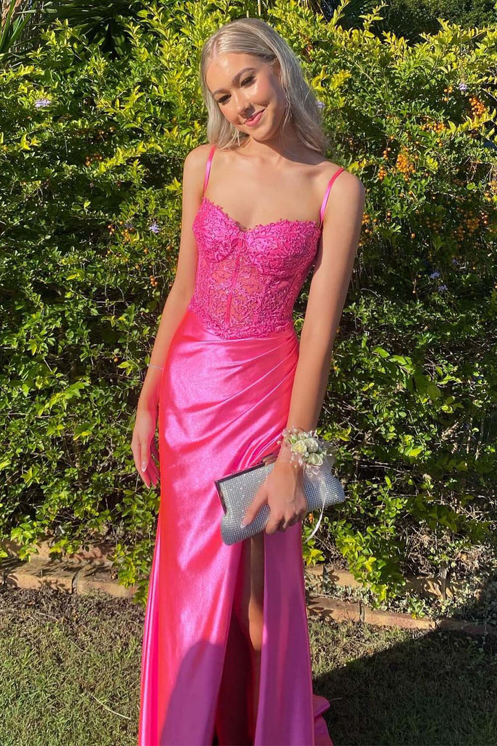 Hot Pink Ruched Sheer Corset Bodice Prom Dress