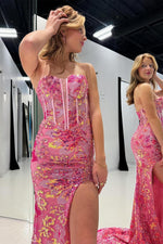 Load image into Gallery viewer, Pink Sequin Prom Dress with Sleeves
