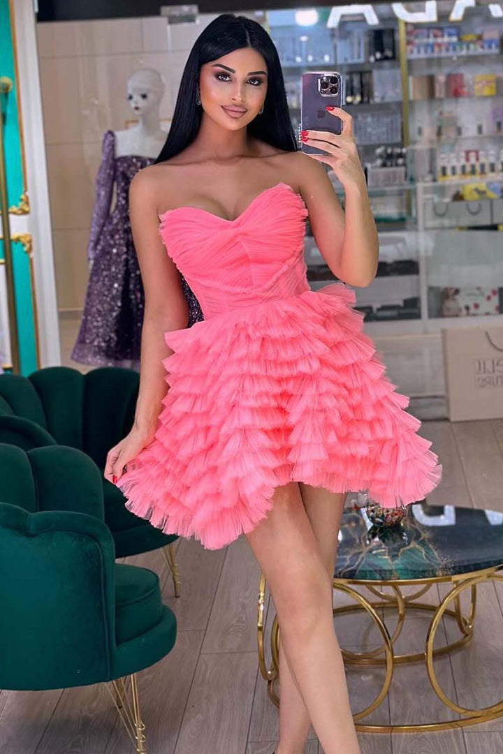 Pink Tiered Sweetheart Homecoming Dress