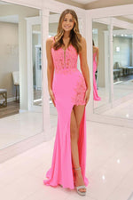 Load image into Gallery viewer, Sheer Corset Bodice Prom Dress with Side Slit
