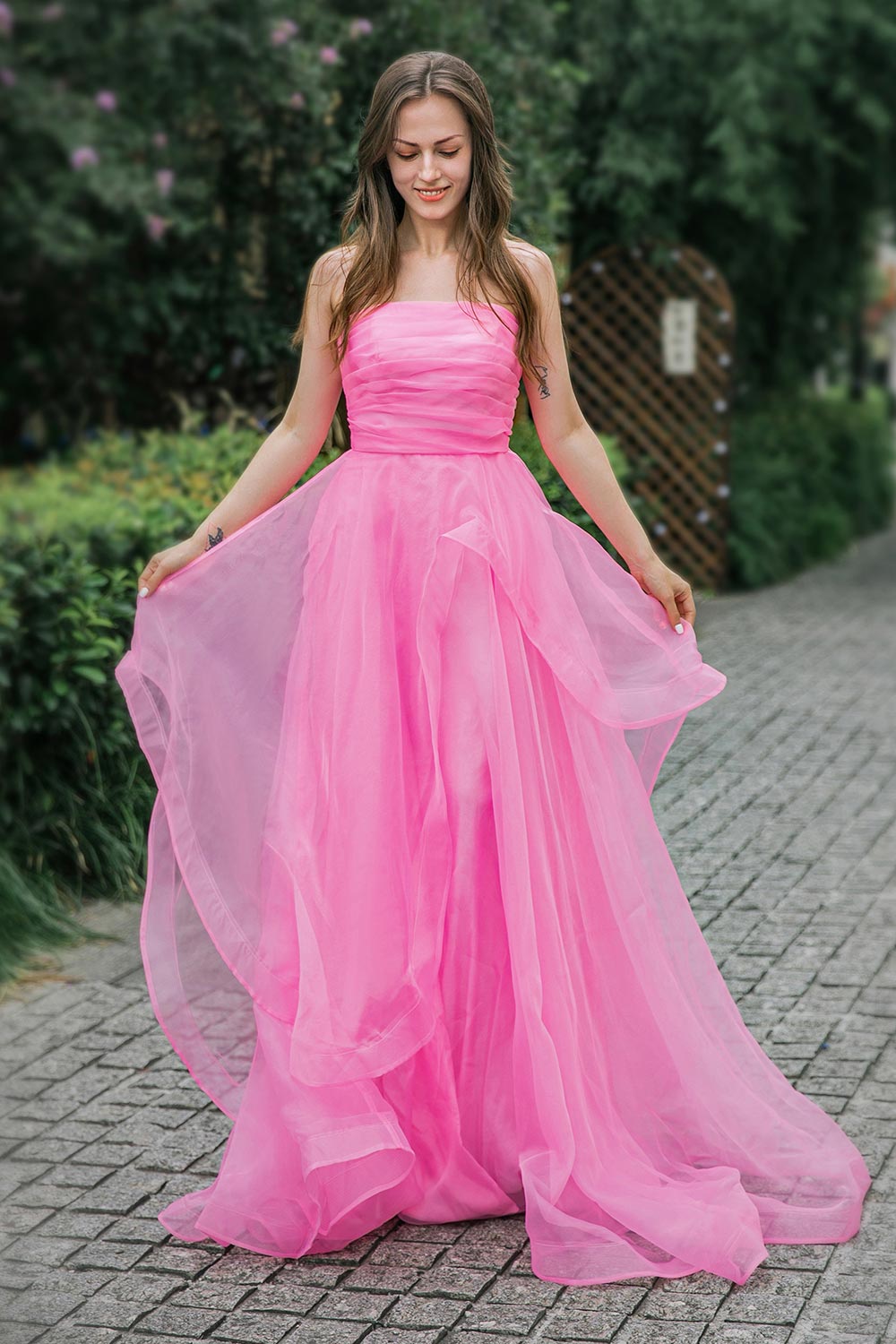 Pink strapless prom on sale dress