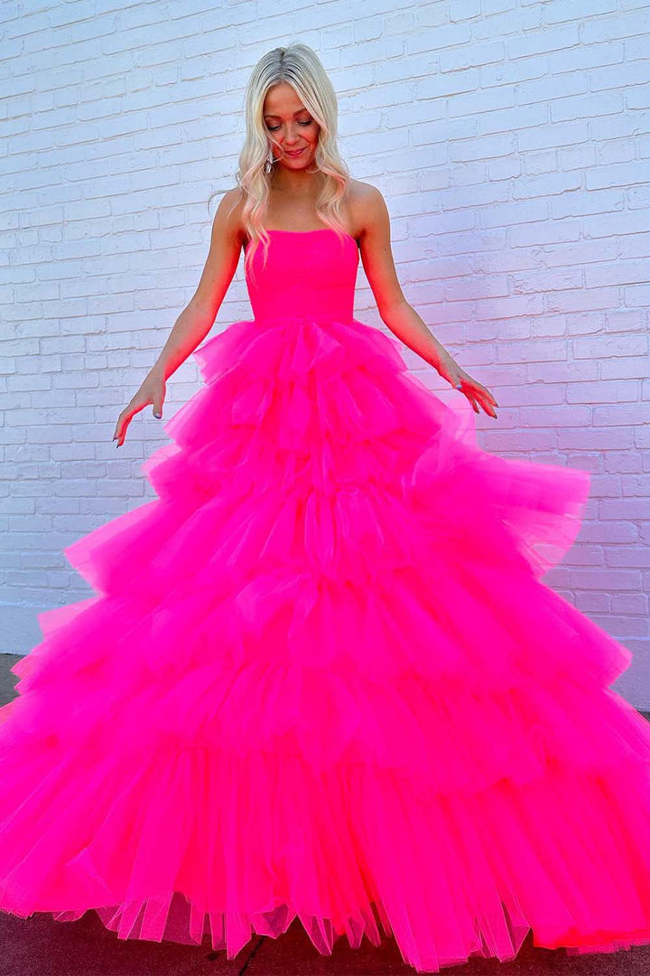 Strapless Pink Tulle Prom Dress